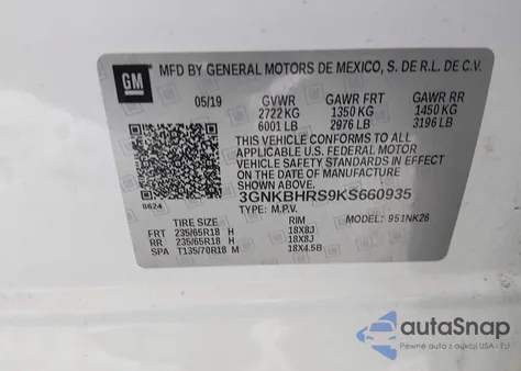 2019 Chevrolet Blazer z USA, uszkodzony, nr VIN 3GNKBHRS9KS660935